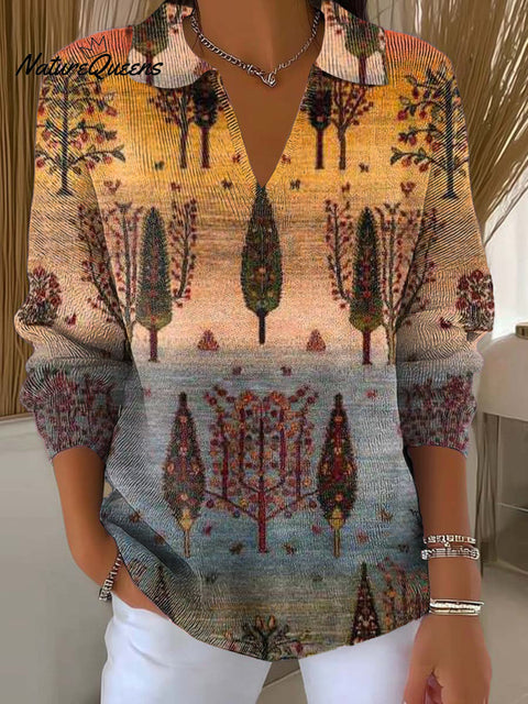 Women's Beautiful Trees Landscape Painting Art Print Casual Hooded Button Sweater