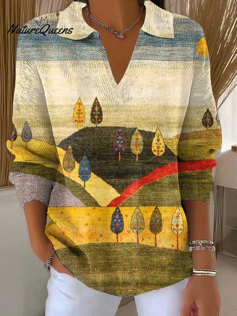 Women's Beautiful Trees Landscape Painting Art Print Casual Hooded Button Sweater