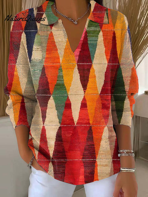 Women's Colorful Diamond Geometric Painting Art Print Casual Hooded Button Sweater
