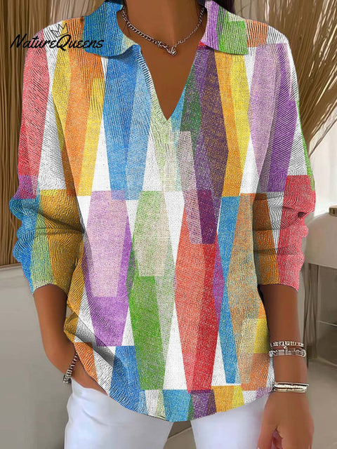 Women's Colorful Diamond Geometric Painting Art Print Casual Hooded Button Sweater