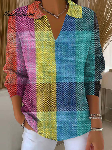Women's Colorful Geometric Check Art Print Casual Hooded Button Sweater