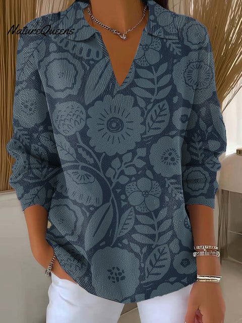Women's Ethnic Floral Art Print Casual Hooded Button Sweater