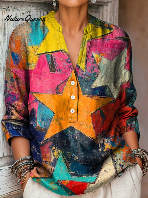 Women's Abstract Colorful Star Painting Art Print Casual Cotton And Linen Shirt