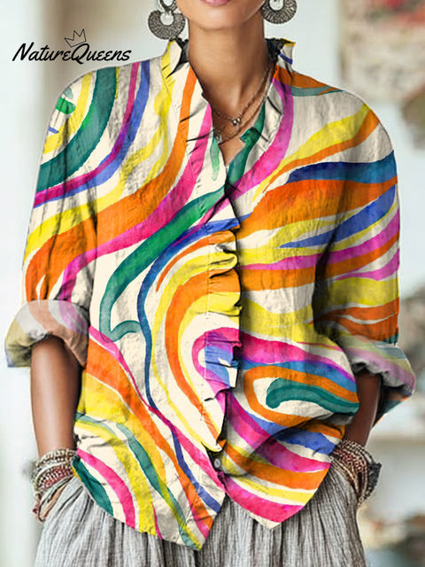 Women's Abstract Beautiful Colorful Stripes Painting Art Print Casual Cotton And Linen Ruffle Shirt