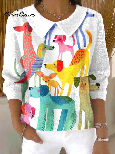 Women's Beautiful Colorful Cute Dog Painting Art Print Casual Peter Pan Collar 3/4 Sleeve Sweater