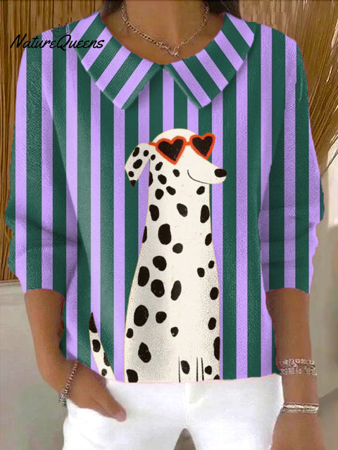 Women's Cute Dog Striped Head Portrait Art Print Casual Peter Pan Collar 3/4 Sleeve Sweater