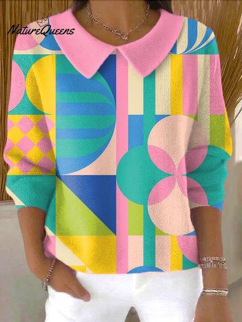 Women's Beautiful Colorful Abstract Geometric Painting Art Print Casual Peter Pan Collar 3/4 Sleeve Sweater