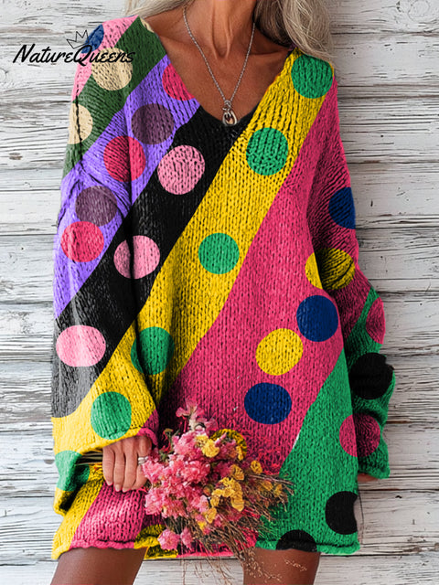 Women's Beautiful Colorful Stripe Polka Dot Painting Art Print Casual Pullover Sweater
