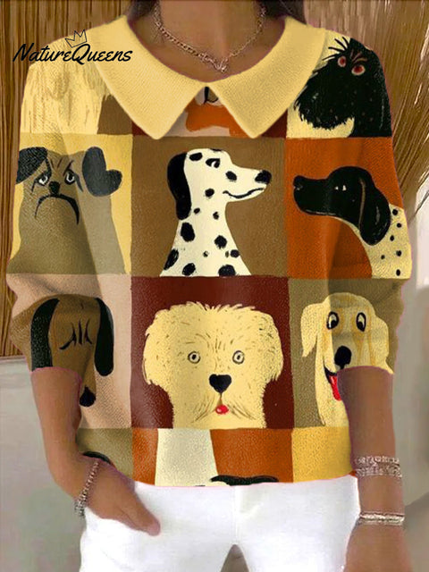 Women's Cute Dog Head Plaid Painting Art Print Casual Peter Pan Collar 3/4 Sleeve Sweater