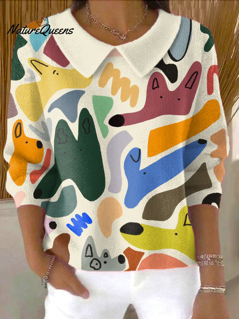 Women's Abstract Cute Dog Head Painting Art Print Casual Peter Pan Collar 3/4 Sleeve Sweater