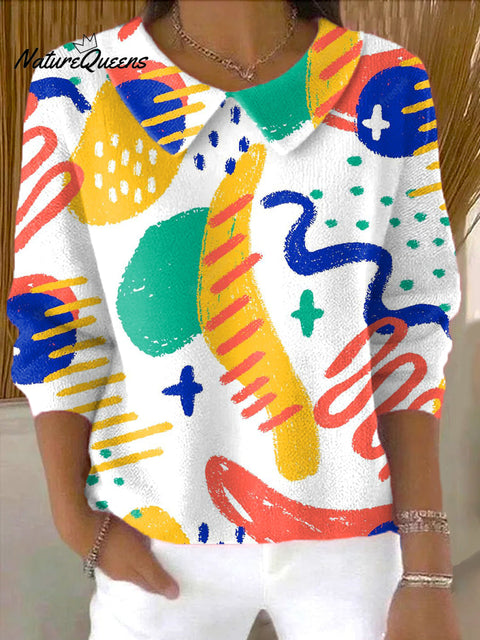 Women's Abstract Colorful Graffiti Painting Art Print Casual Peter Pan Collar 3/4 Sleeve Sweater