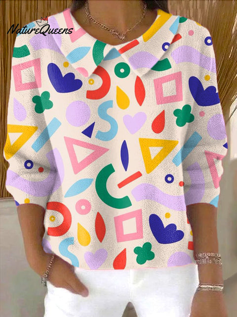 Women's Abstract Colorful Geometric Pattern Painting Art Print Casual Peter Pan Collar 3/4 Sleeve Sweater