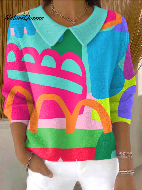Women's Abstract Colorful Geometric Graffiti Painting Art Print Casual Peter Pan Collar 3/4 Sleeve Sweater