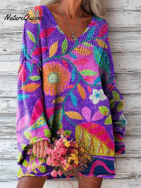 Women's Beautiful Colorful Flowers And Leaves Painting Art Print Casual Pullover Sweater