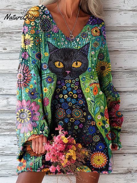 Women's Beautiful Abstract Cat Floral Painting Art Print Casual Pullover Sweater