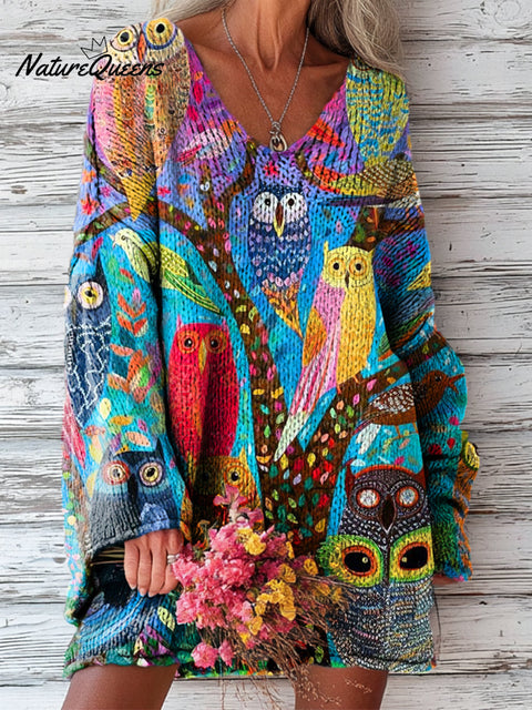 Women's Beautiful Abstract Colorful Owl Painting Art Print Casual Pullover Sweater