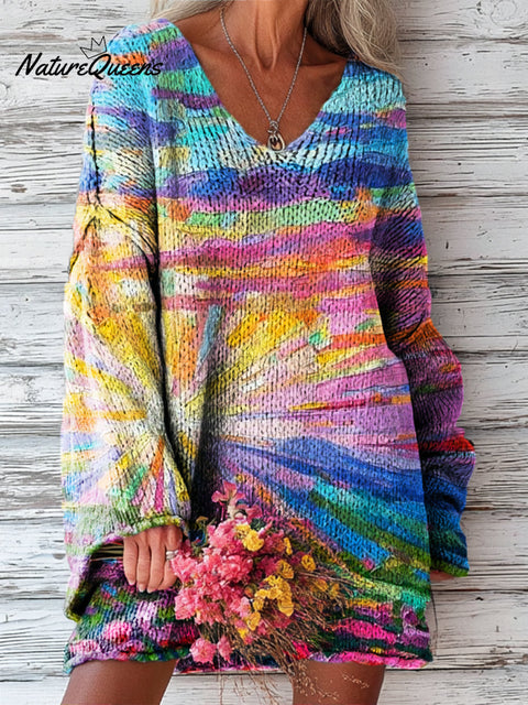 Women's Beautiful Abstract Colorful Sun Rising Painting Art Print Casual Pullover Sweater