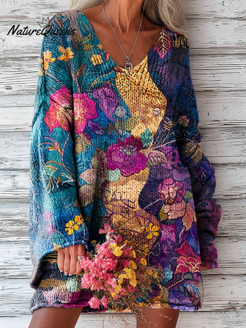 Women's Beautiful Abstract Floral Painting Art Print Casual Pullover Sweater