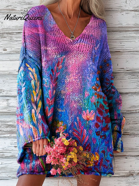 Women's Beautiful Abstract Purple Floral Painting Art Print Casual Pullover Sweater
