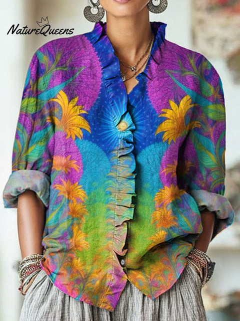 Women's Beautiful Abstract Night Floral Illustration Art Print Casual Cotton And Linen Ruffle Shirt