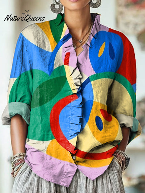 Women's Beautiful Abstract Colorful Apple Geometric Painting Art Print Casual Cotton And Linen Ruffle Shirt