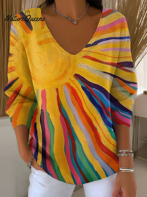 Women's Beautiful Multicolor Abstract Sun Painting Art Print Casual Pullover Sweater
