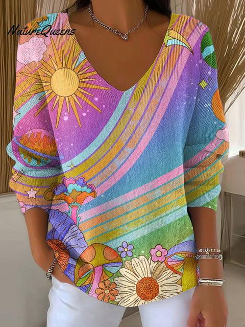 Women's Beautiful Abstract Sun Flower Illustration Art Print Casual Pullover Sweater