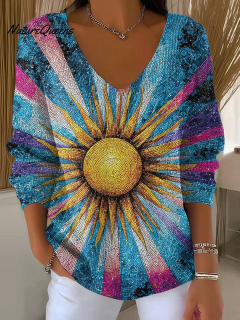 Women's Beautiful Abstract Sun Painting Art Print Casual Pullover Sweater