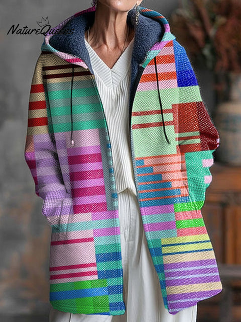 Beautiful Colorful Geometric Check Art Print Unisex Plush Thick Long-Sleeved Sweater Cardigan Coat