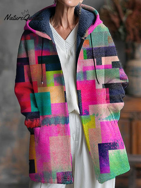 Beautiful Colorful Geometric Check Art Print Unisex Plush Thick Long-Sleeved Sweater Cardigan Coat