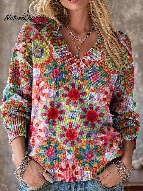 Beautiful Abstract Geometric Check Painting Art Print Knit V-neck Pullover Sweater