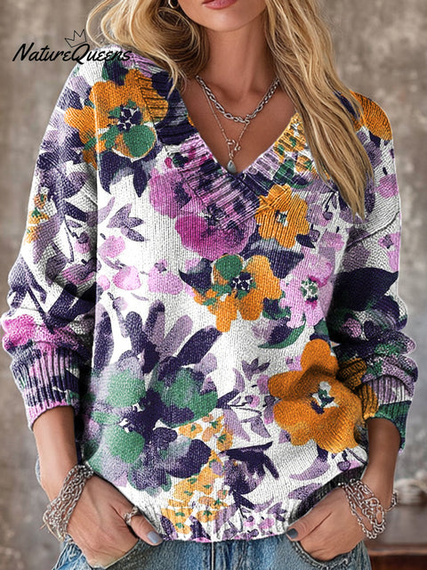 Beautiful Abstract Floral Painting Art Print Knit V-neck Pullover Sweater