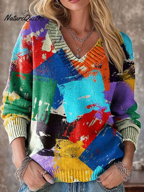 Abstract Multicolor Block Painting Art Print Knit V-neck Pullover Sweater