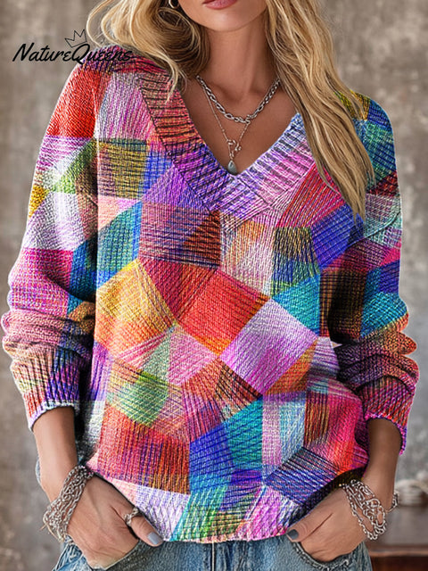 Beautiful Colorful Abstract Line Checkered Painting Art Print Knit V-neck Pullover Sweater