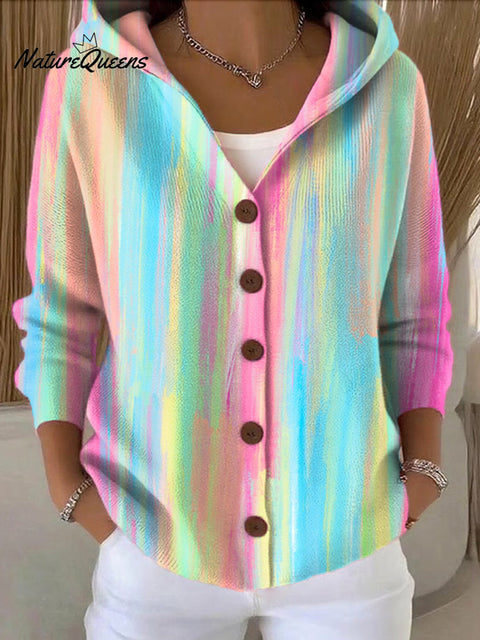 Women's Beautiful Colorful Stripes Graffiti Painting Art Print Casual Hooded Button Sweater