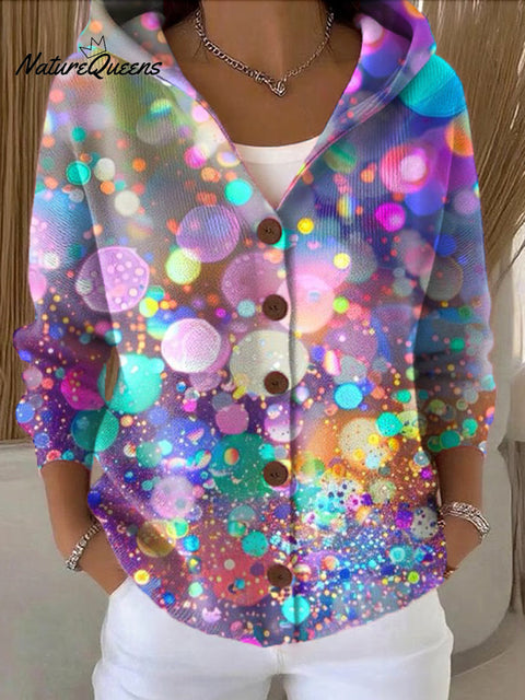 Women's Beautiful Colorful Polka Dot Art Print Casual Hooded Button Sweater