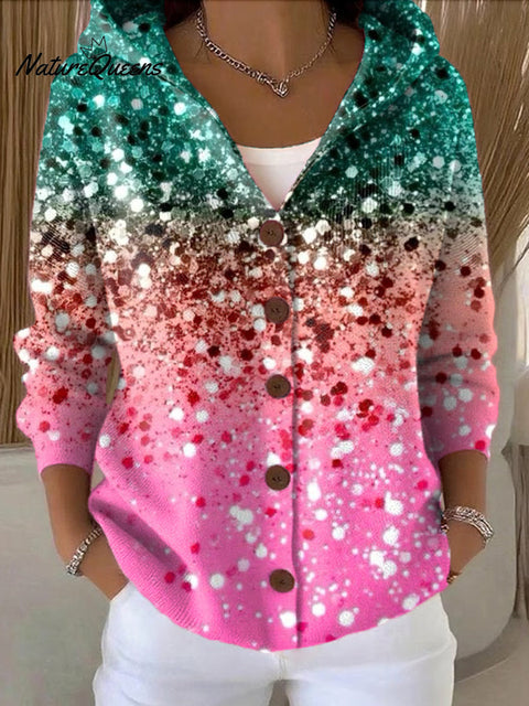 Women's Beautiful Colorful Gradient Art Print Casual Hooded Button Sweater