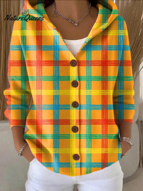 Women's Beautiful Colorful Line Checkered Painting Art Print Casual Hooded Button Sweater