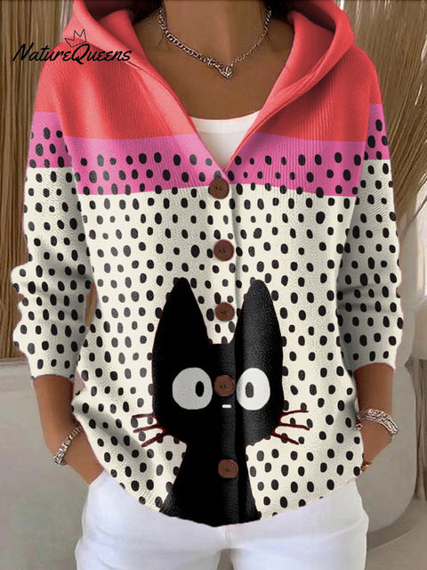 Women's Abstract Color Block Polka Dot Cat Painting Art Print Casual Hooded Button Sweater