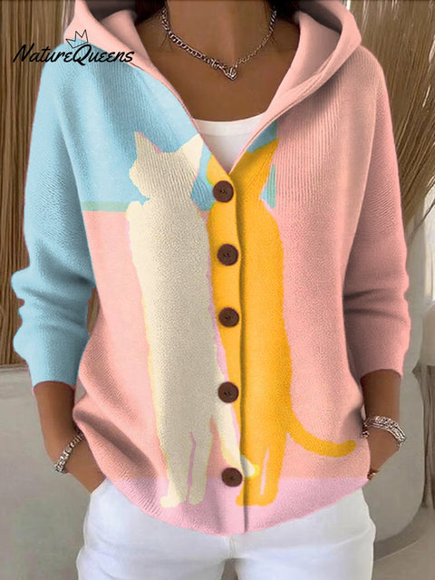 Women's Cute Two Cats Painting Art Print Casual Hooded Button Sweater