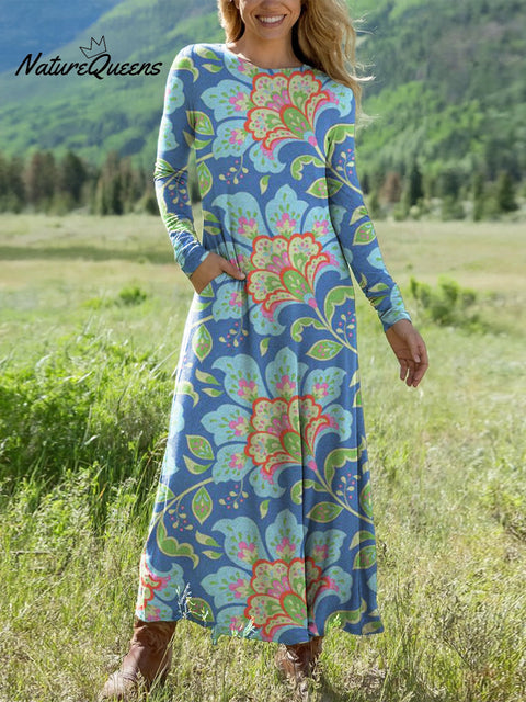 Women's Beautiful Abstract Ethnic Floral Painting Art Print Long-sleeved V-neck Dress