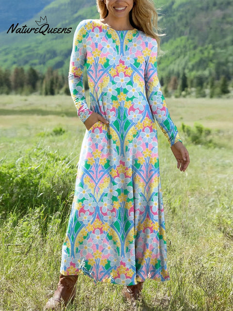 Women's Beautiful Abstract Ethnic Floral Painting Art Print Long-sleeved V-neck Dress