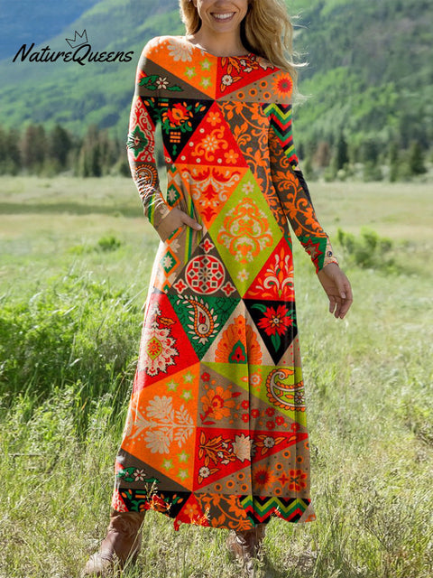 Women's Colorful Diamond Geometric Pattern Art Print Long-sleeved Dress