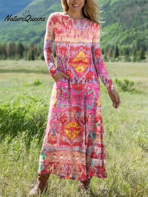 Women's Beautiful Colorful Abstract Rhombus Geometric Painting Art Print Long-sleeved Dress