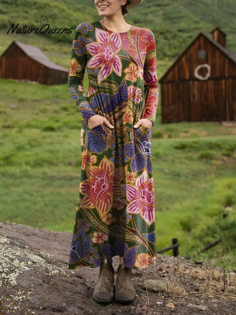 Women's Beautiful Large Ethnic Floral Art Print Long-sleeved Dress