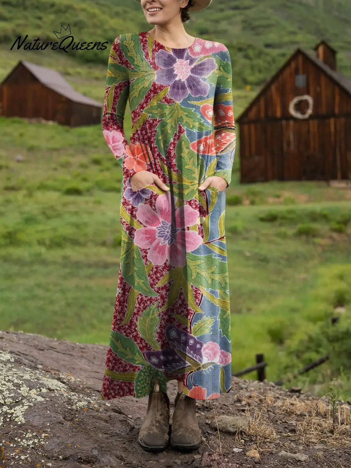 Women's Beautiful Large Ethnic Floral Art Print Long-sleeved Dress