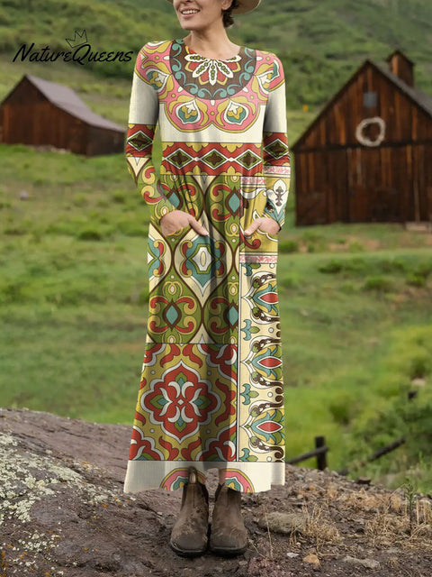 Women's Beautiful Ethnic Geometric Floral Art Print Long-sleeved Dress