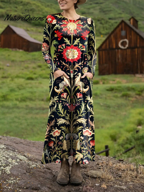 Women's Beautiful Ethnic Geometric Floral Art Print Long-sleeved Dress
