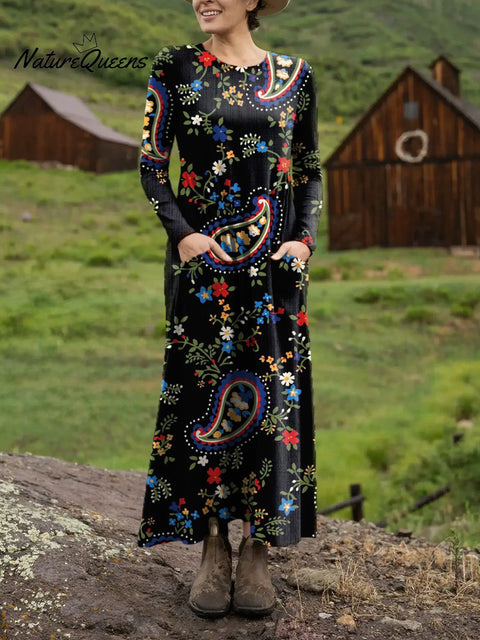 Women's Beautiful Ethnic Paisley Floral Art Print Long-sleeved Dress