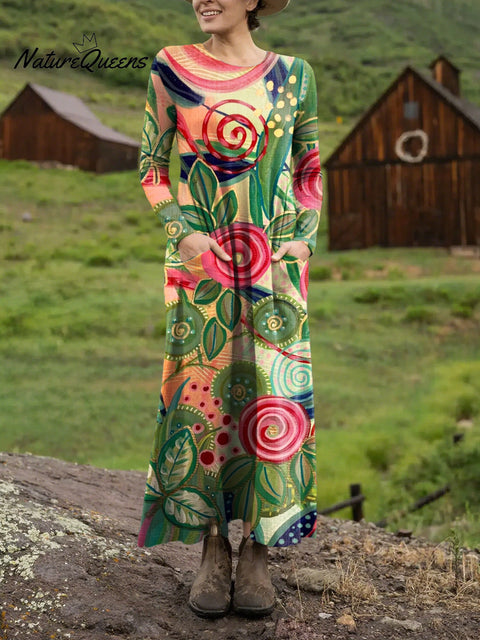 Women's Beautiful Abstract Large Flower Painting Art Print Long-sleeved Dress